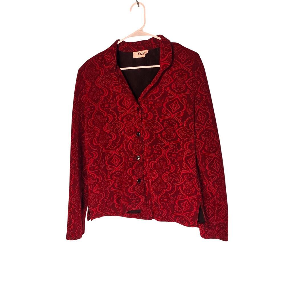 Vintage DR Red Black Tapestry Jacket Damask Brocade Button Back Blazer